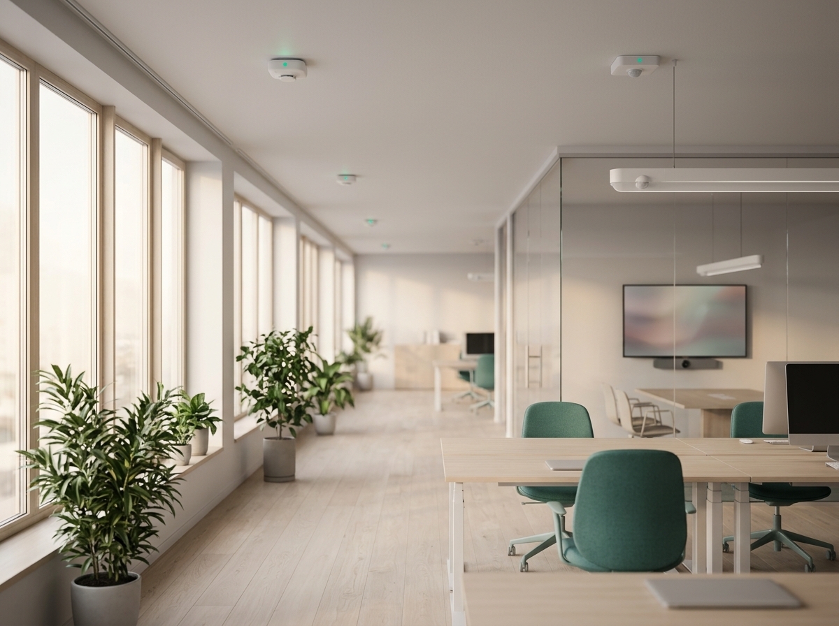 Modern office with visible ceiling-mounted sensors and video conferencing equipment — showing how BLDNG uses existing building data for space optimization