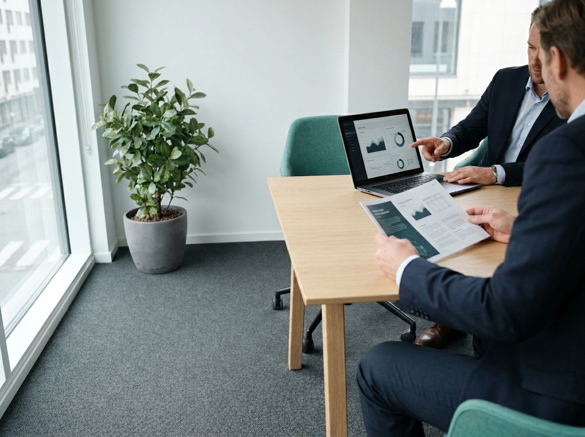 An advisor and client reviewing building data together in a modern office — BLDNG's experience from Norway's largest companies