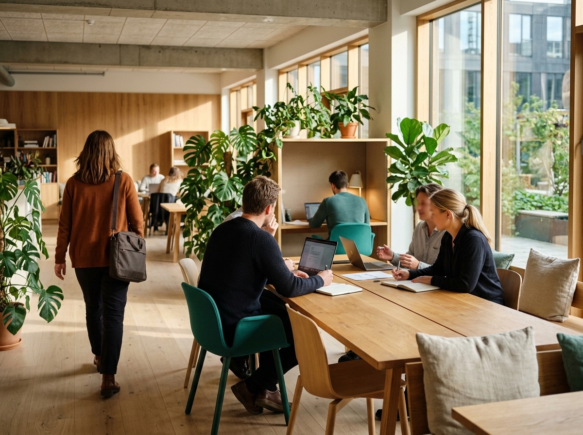 Skandinavisk kontor med samarbeidssone, stillesone og en ansatt på vei inn — kontoret som destinasjon i hybridkontoret