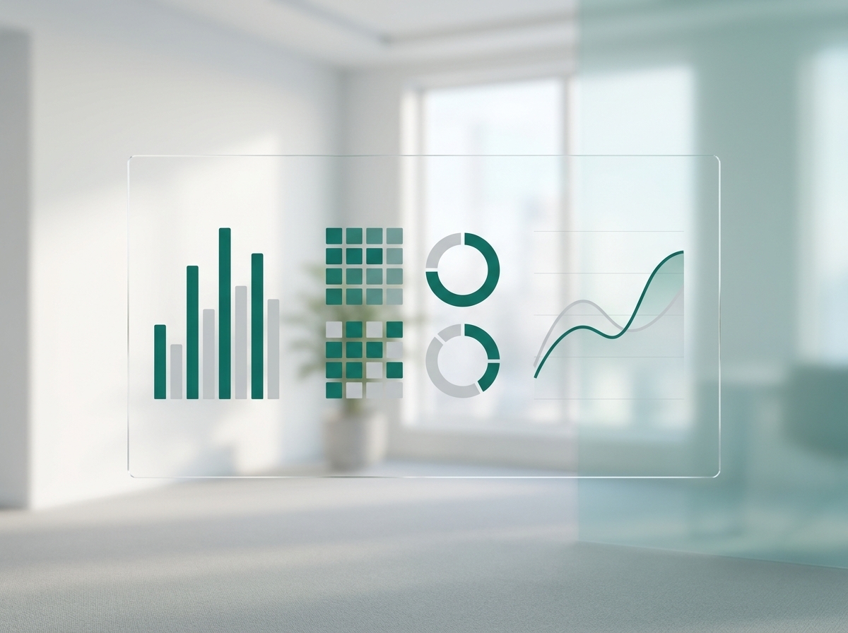 A data dashboard with charts and a heatmap in focus against a calm, blurred office, illustrating data-driven workplace analytics