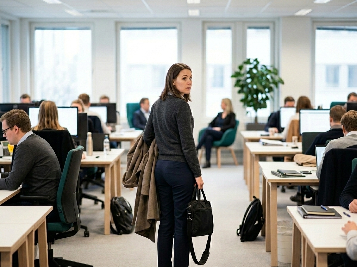 Ansatt leter etter ledig pult i et fullt kontorlandskap på en travel dag — utfordringen med hybridarbeid uten data
