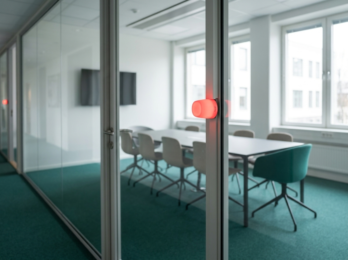Tomt glassmøterom med busylight som lyser rødt ved døren — et spøkelsesmøte der rommet er booket men ubrukt