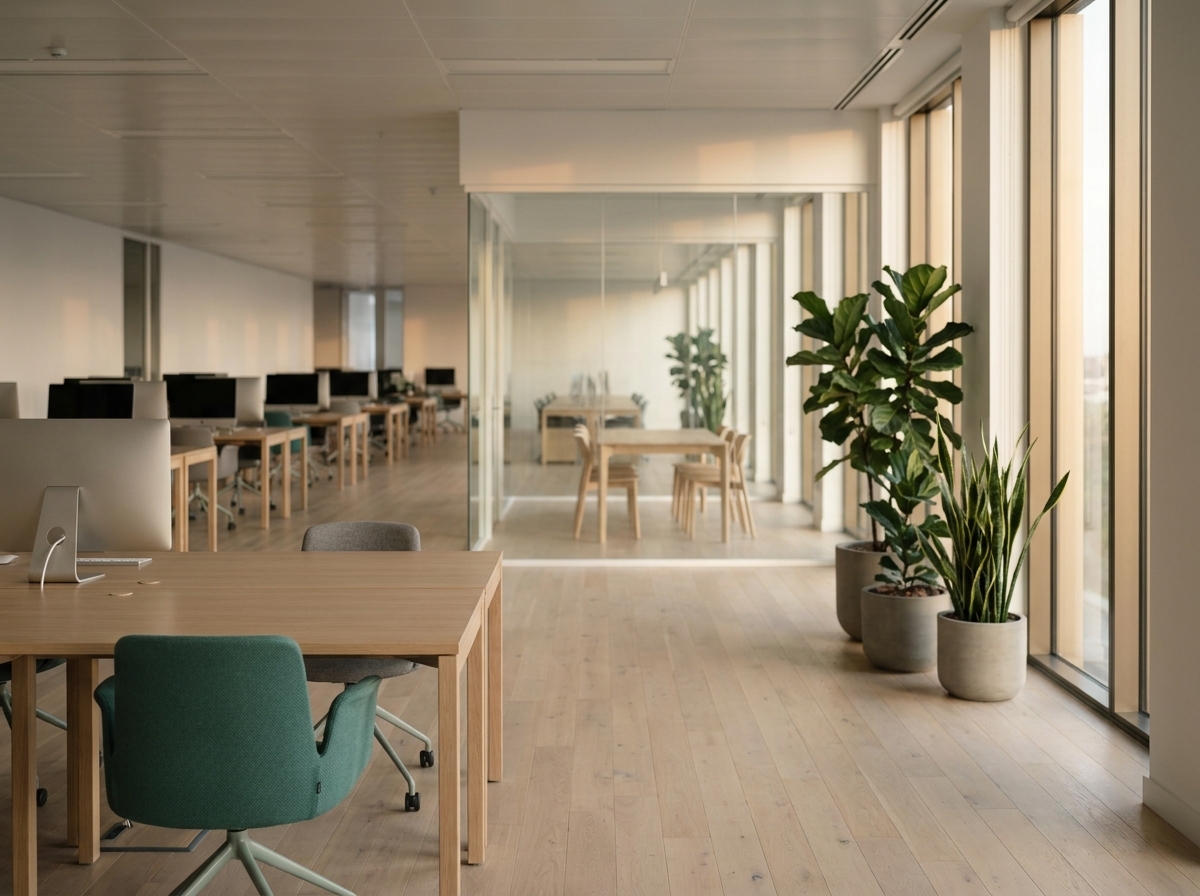 Wide view of open-plan office with empty desks and unused meeting room — illustrating space optimization and unused office area