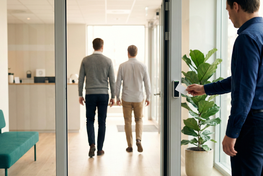 Office entrance where one person badges in while two colleagues follow through the same door — showing the need for dedicated people counting