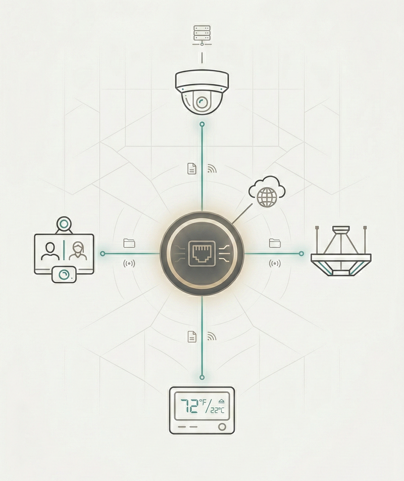 Building system integration — BMS, video conferencing and lighting connected to BLDNG smart building platform