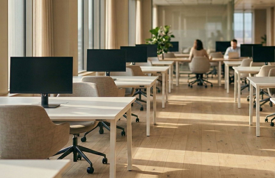 Open-plan office with multiple empty workstations in daylight — illustrating low utilization rates