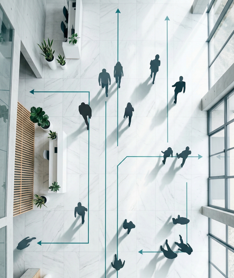 People counting in office building — real-time sensor data showing foot traffic and occupancy in modern workplace