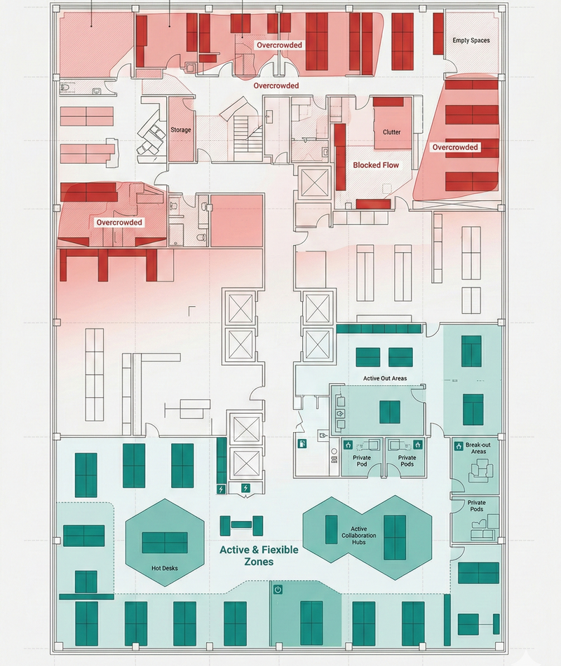 Office space optimization — floor plan showing transition from underused to right-sized workspace