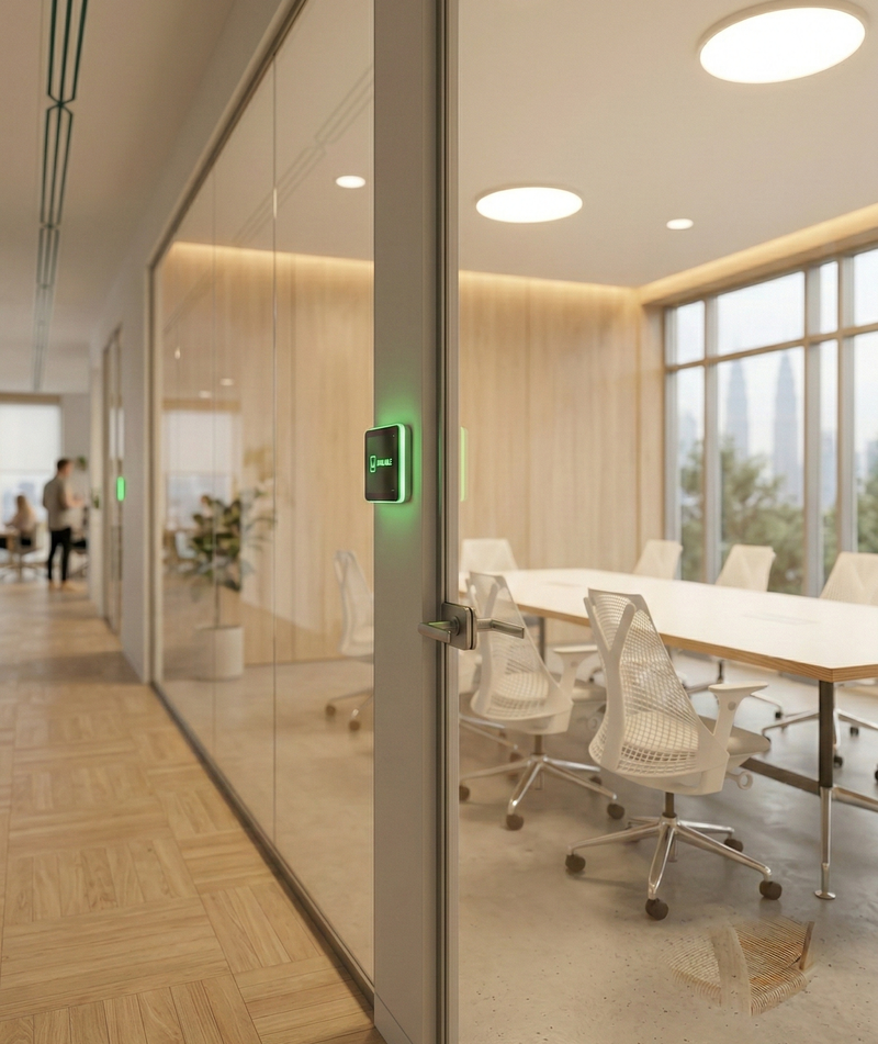 Meeting room management with real-time availability display showing bookable rooms in smart office building