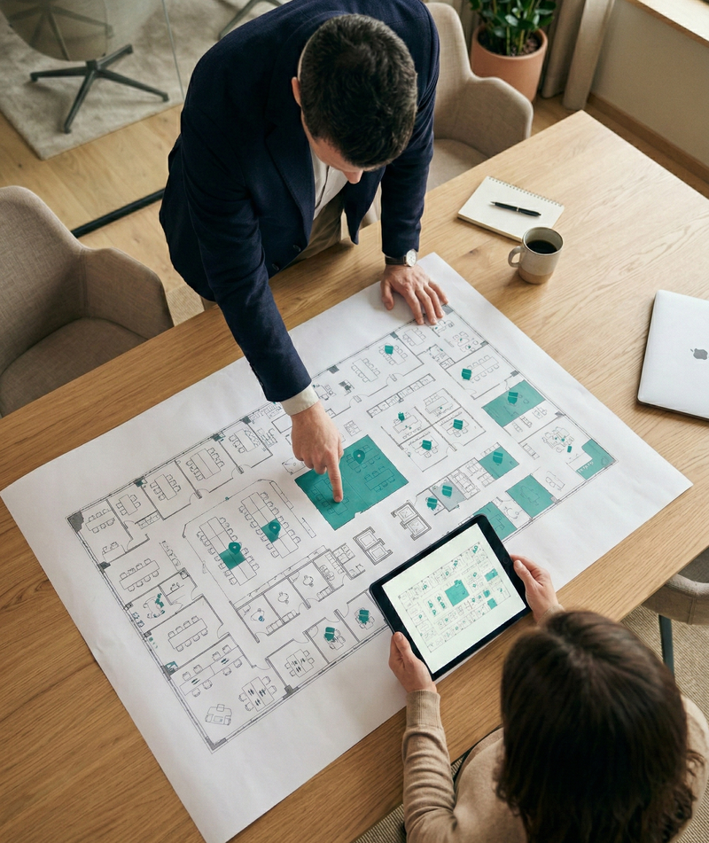 Workplace consultancy — experts analyzing office data and floor plans for space optimization