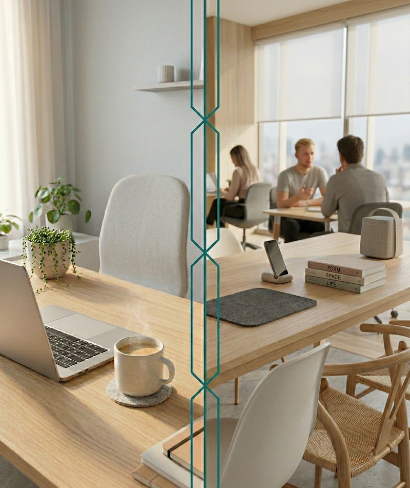 Hybrid work solution — employees working seamlessly between home office and shared workplace