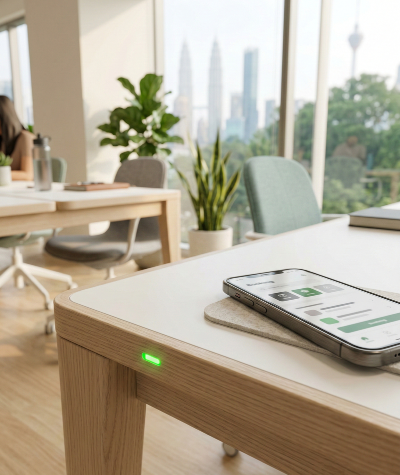 Hot desking workstation with availability sensor and mobile app booking in flexible office environment
