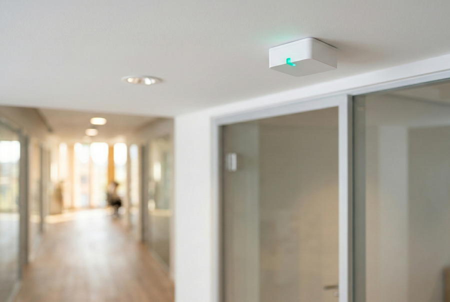 White people counting sensor mounted in ceiling above office doorway with green LED indicator — accurate occupancy monitoring with ToF technology-1-1