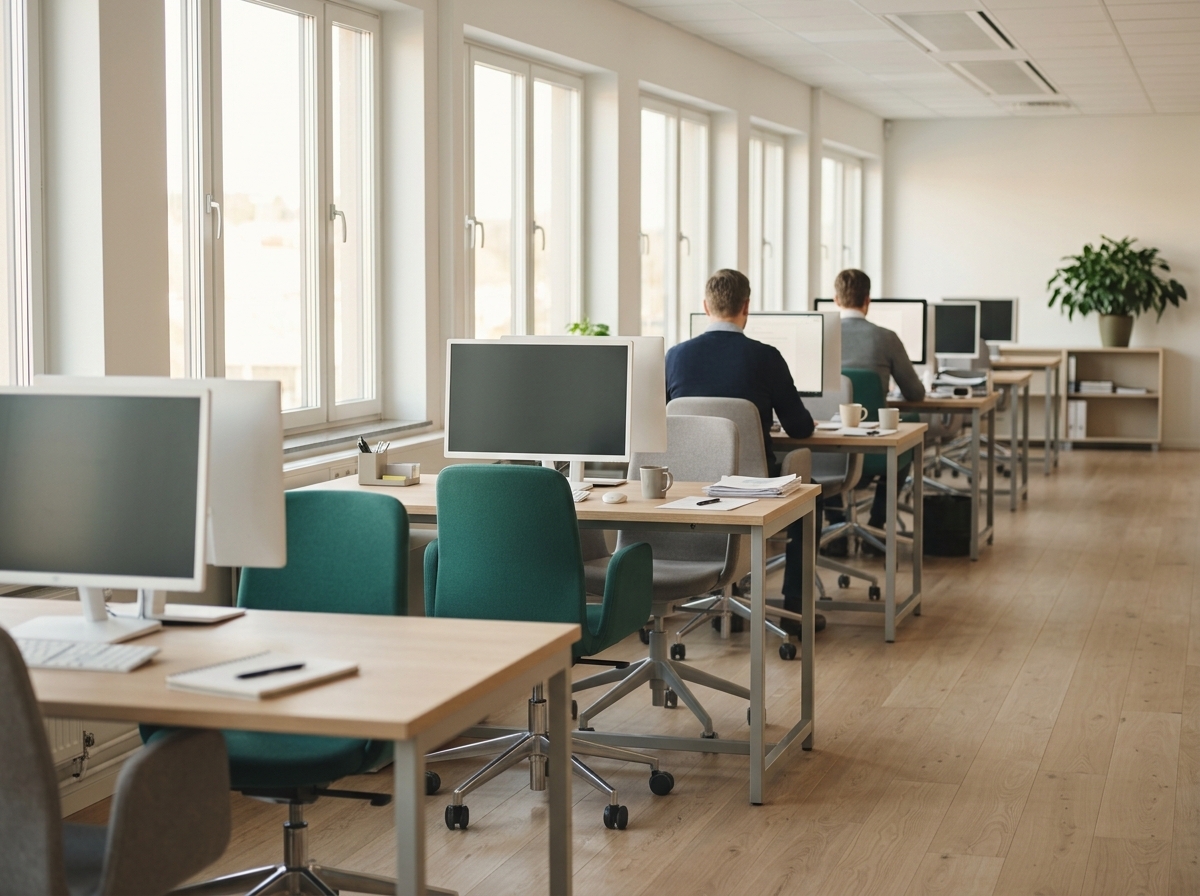 Long row of flexible workstations in an open-plan office with some desks empty and others in use — illustrating the need for a hot desking solution